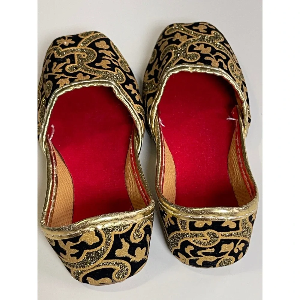 Kids Indian Ethnic Mojari Jutti Flats Black Gold Glitter Embroidery Size 6